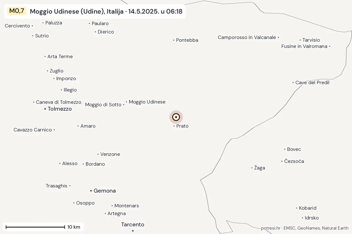 Karta: okolica epicentra, 60 km, potres M0,7, Moggio Udinese (Udine), Italija, 14.5.2025.