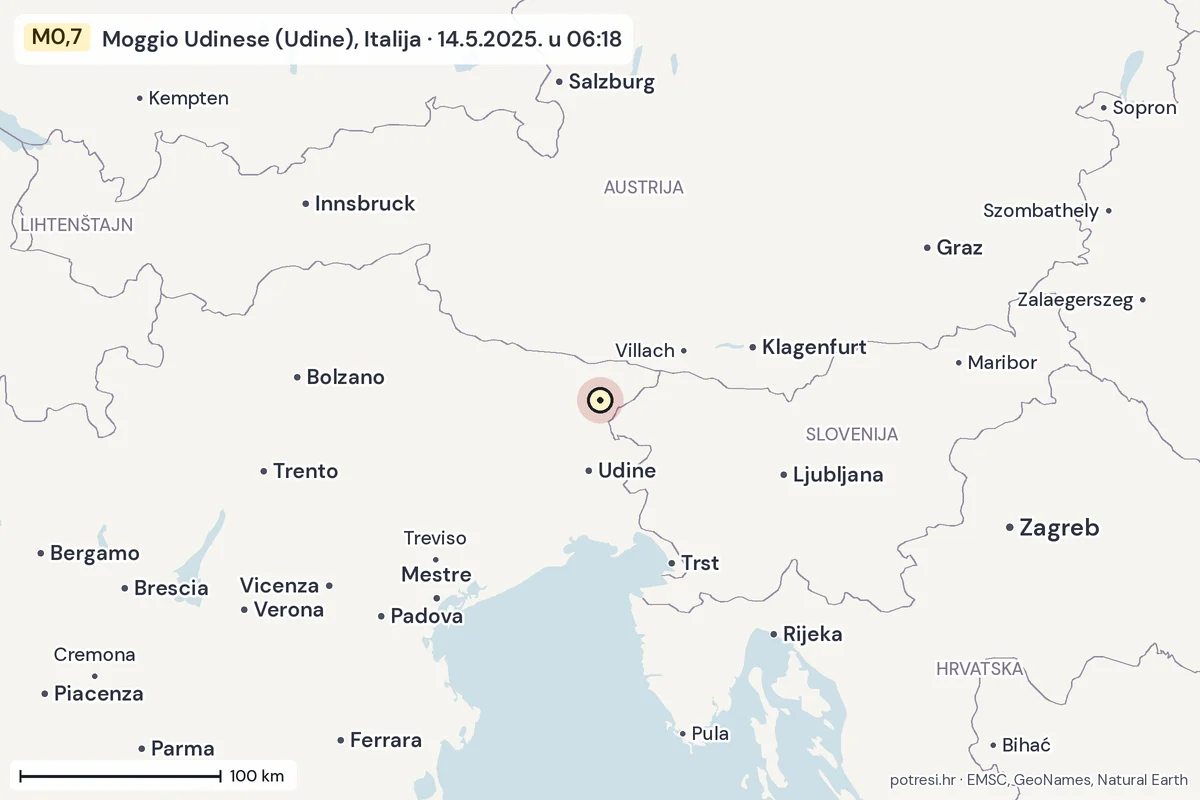 Karta: šire područje, 600 km, potres M0,7, Moggio Udinese (Udine), Italija, 14.5.2025.
