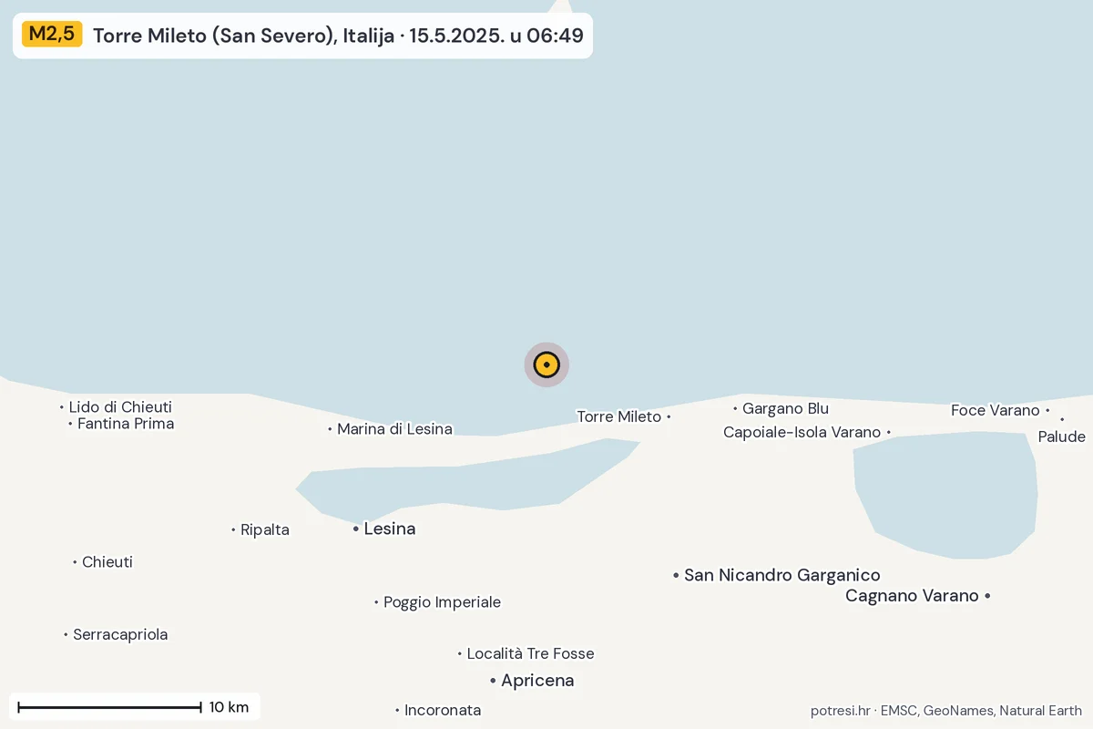 Karta: okolica epicentra, 60 km, potres M2,5, Torre Mileto (San Severo), Italija, 15.5.2025.