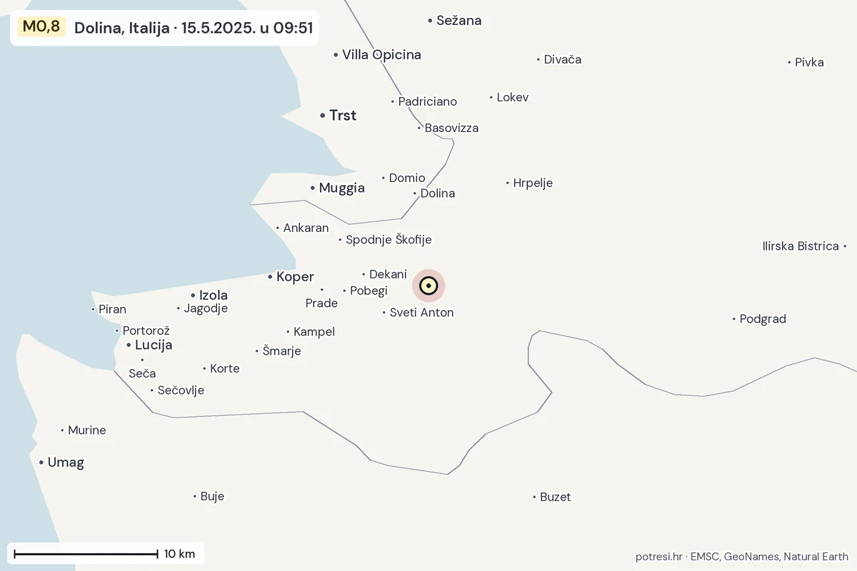 Karta: okolica epicentra, 60 km, potres M0,8, Dolina, Italija, 15.5.2025.