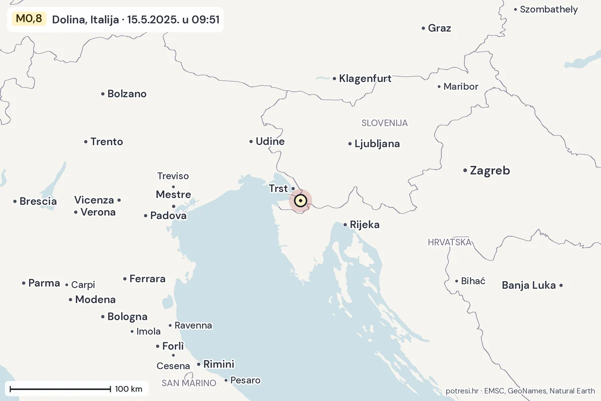 Karta: šire područje, 600 km, potres M0,8, Dolina, Italija, 15.5.2025.