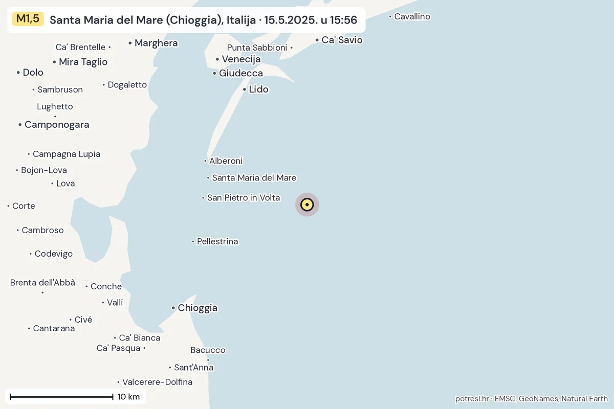 Karta: okolica epicentra, 60 km, potres M1,5, Santa Maria del Mare (Chioggia), Italija, 15.5.2025.
