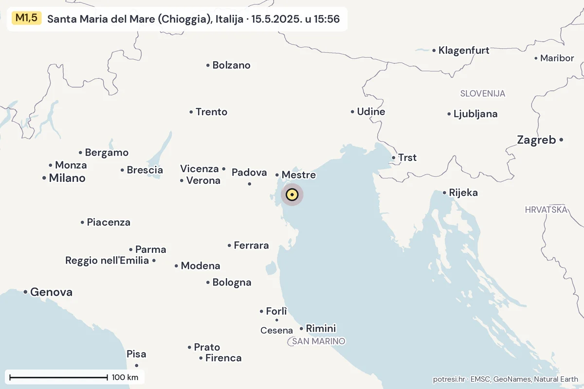 Karta: šire područje, 600 km, potres M1,5, Santa Maria del Mare (Chioggia), Italija, 15.5.2025.
