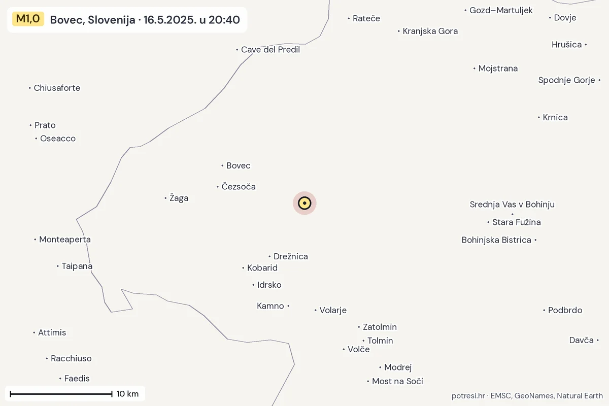 Karta: okolica epicentra, 60 km, potres M1,0, Bovec, Slovenija, 16.5.2025.