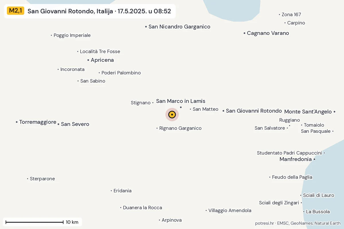 Karta: okolica epicentra, 60 km, potres M2,1, San Giovanni Rotondo, Italija, 17.5.2025.