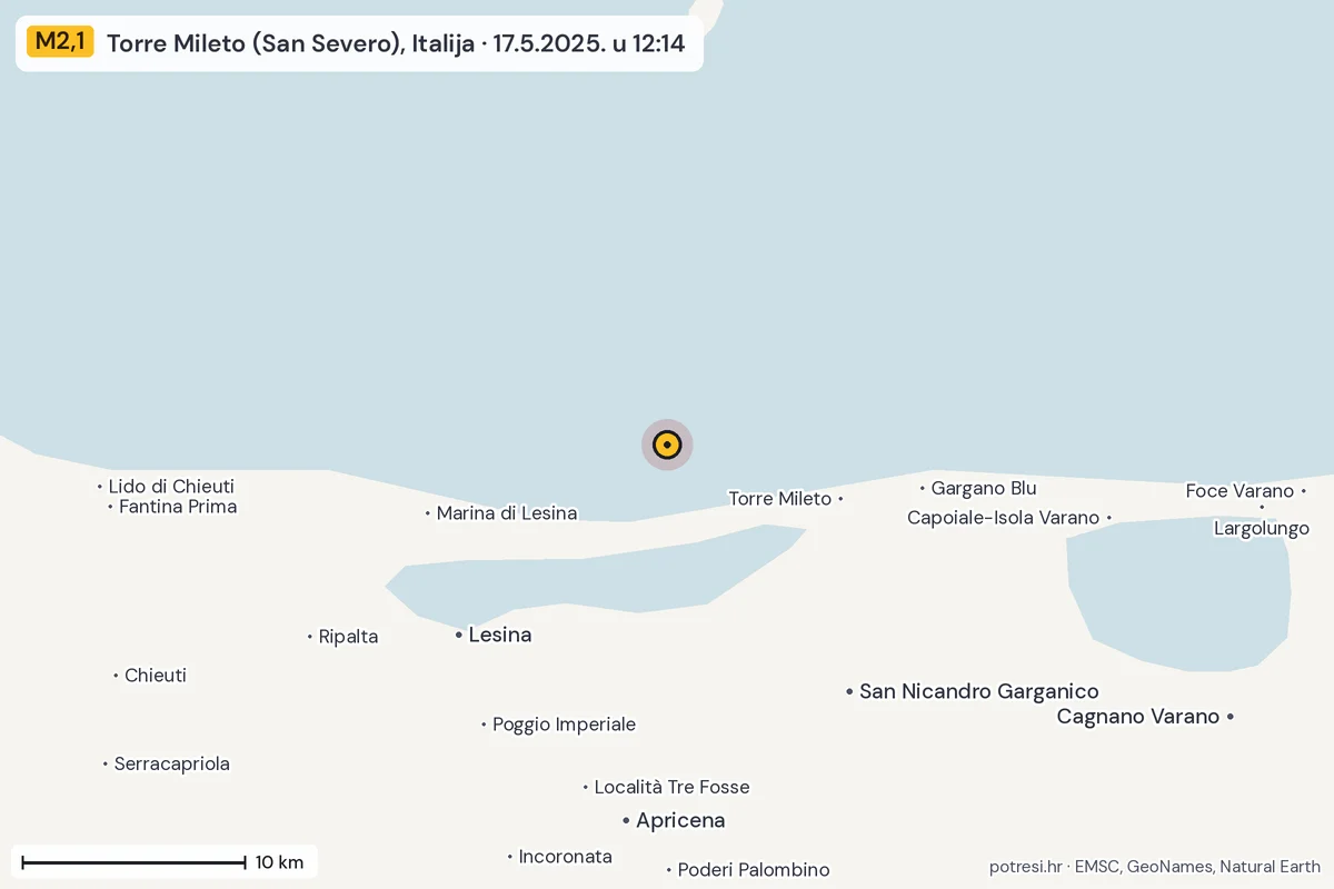 Karta: okolica epicentra, 60 km, potres M2,1, Torre Mileto (San Severo), Italija, 17.5.2025.