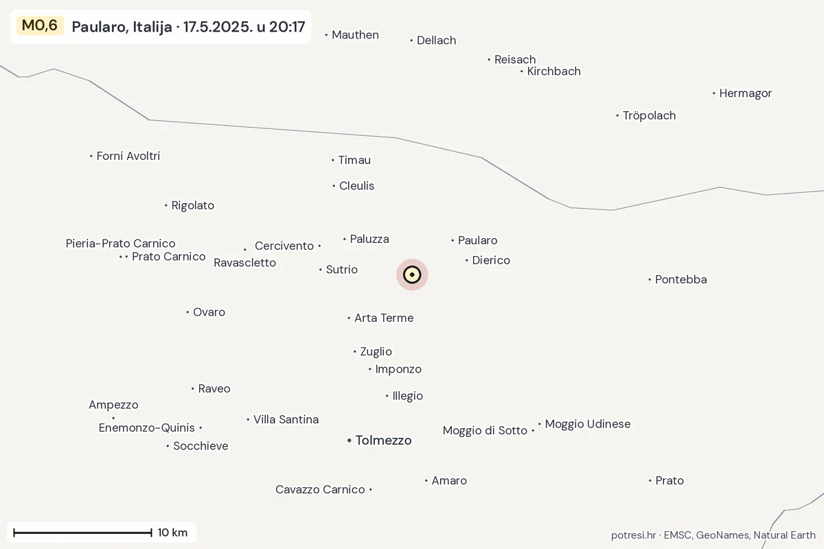 Karta: okolica epicentra, 60 km, potres M0,6, Paularo, Italija, 17.5.2025.