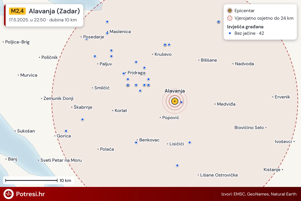 Karta: izvješća građana po jačini, potres M2,4, Alavanja (Zadar), 17.5.2025.