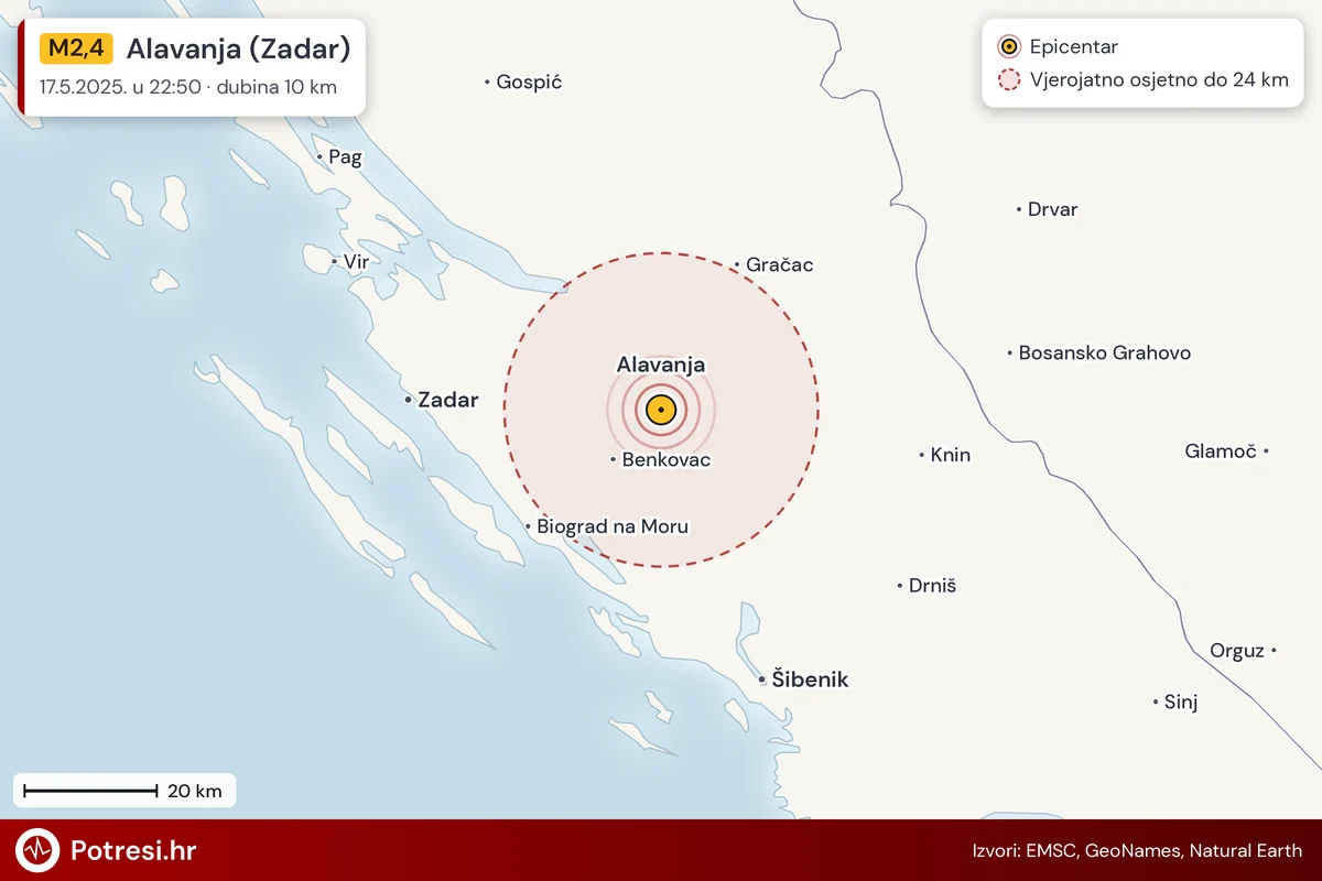 Karta: šire područje i vjerojatni doseg osjeta, potres M2,4, Alavanja (Zadar), 17.5.2025.