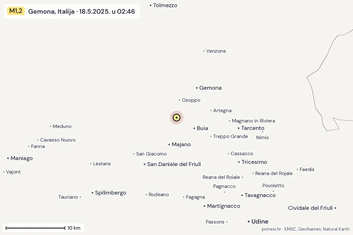 Karta: okolica epicentra, 60 km, potres M1,2, Gemona, Italija, 18.5.2025.