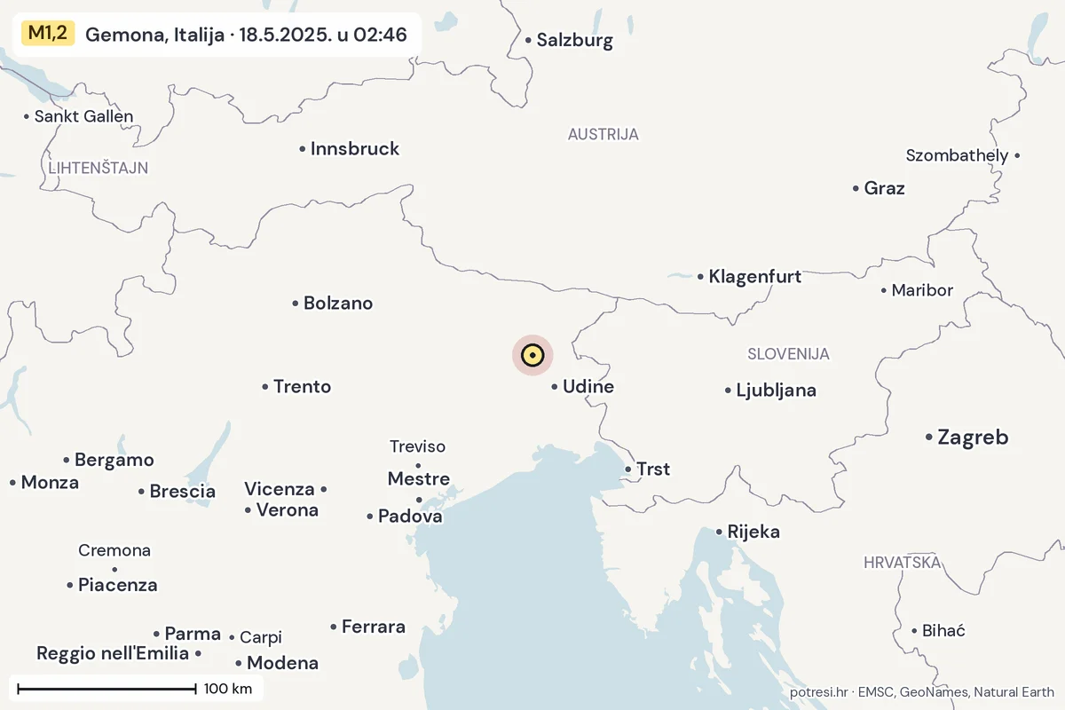 Karta: šire područje, 600 km, potres M1,2, Gemona, Italija, 18.5.2025.
