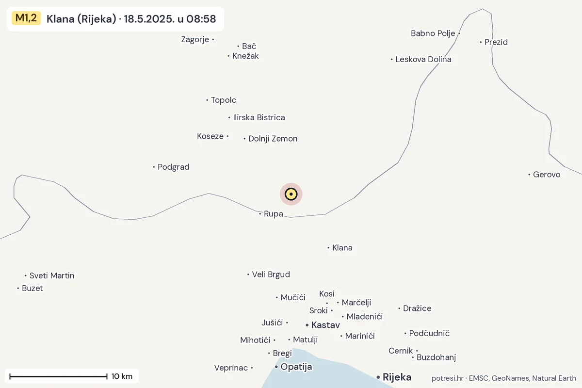 Karta: okolica epicentra, 60 km, potres M1,2, Klana (Rijeka), 18.5.2025.