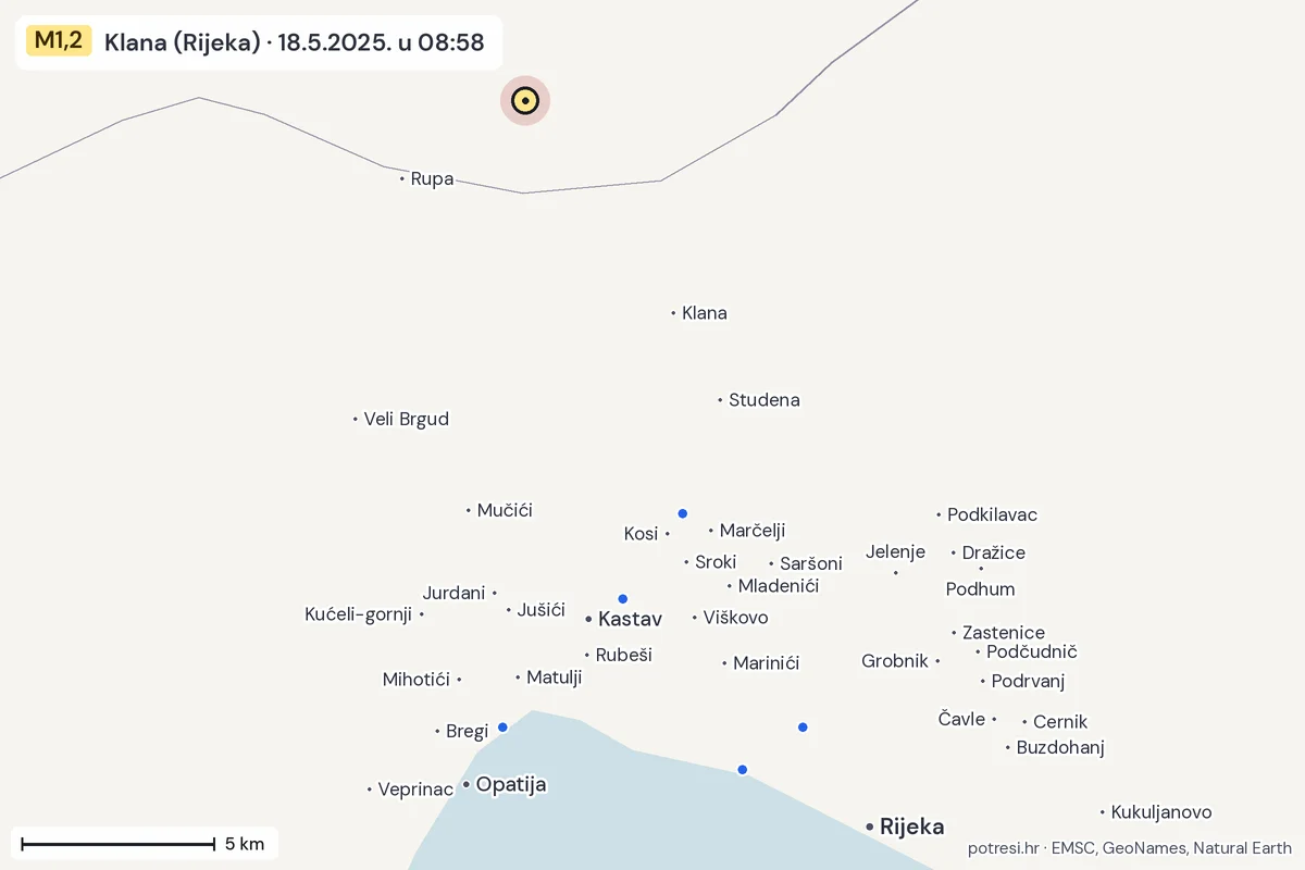 Karta: izvješća građana, potres M1,2, Klana (Rijeka), 18.5.2025.