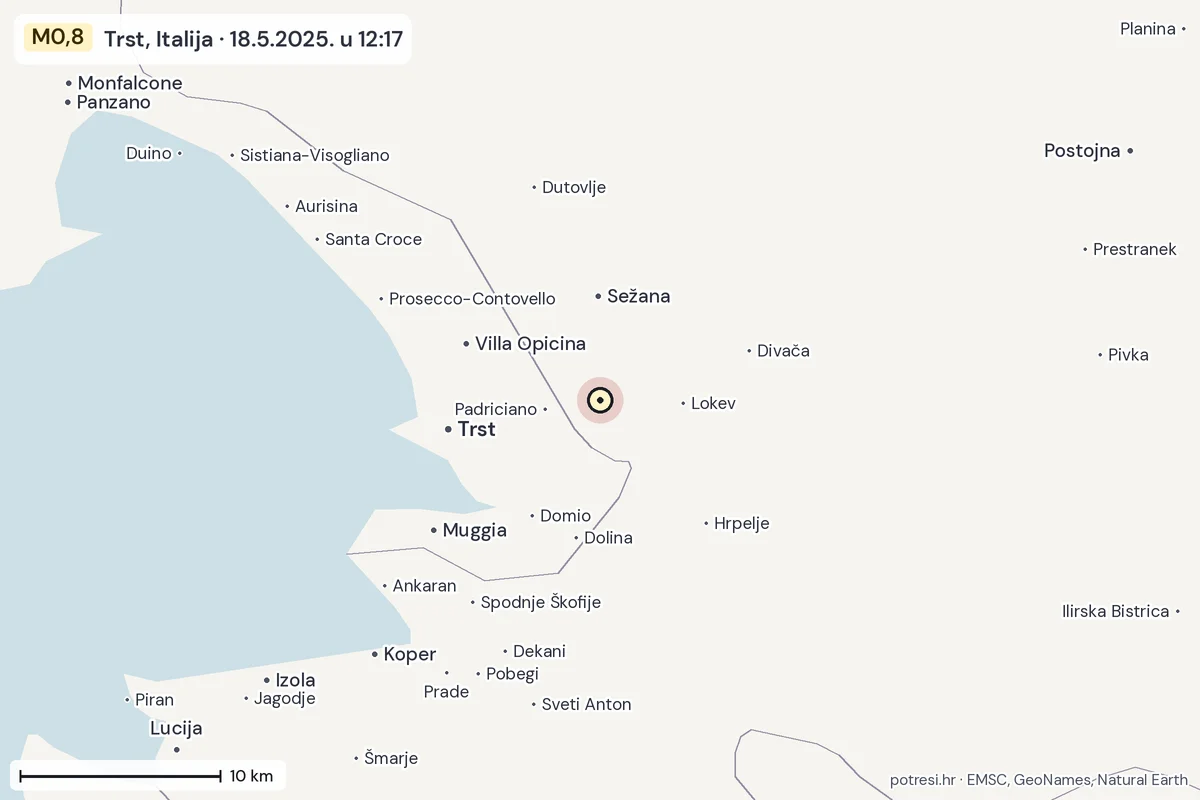 Karta: okolica epicentra, 60 km, potres M0,8, Trst, Italija, 18.5.2025.