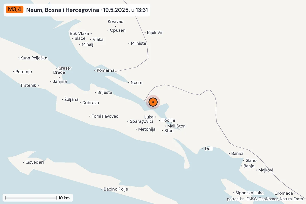 Karta: okolica epicentra, 60 km, potres M3,4, Neum, Bosna i Hercegovina, 19.5.2025.
