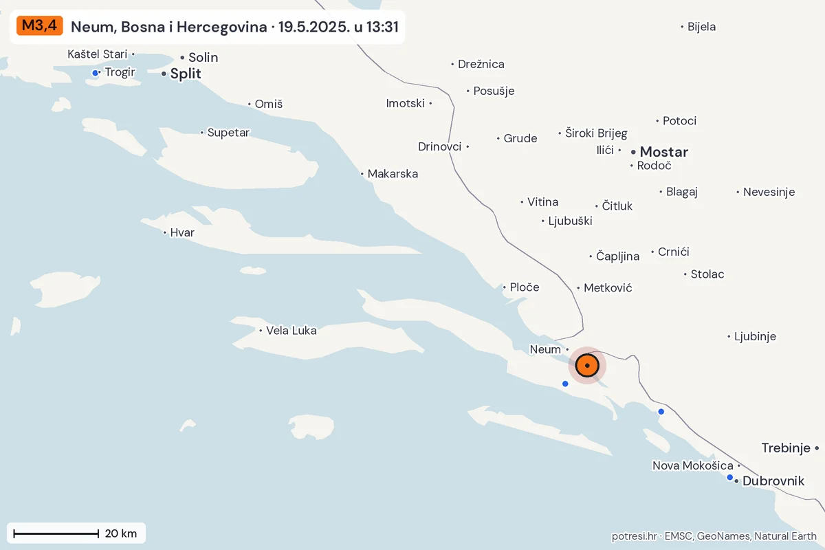 Karta: izvješća građana, potres M3,4, Neum, Bosna i Hercegovina, 19.5.2025.