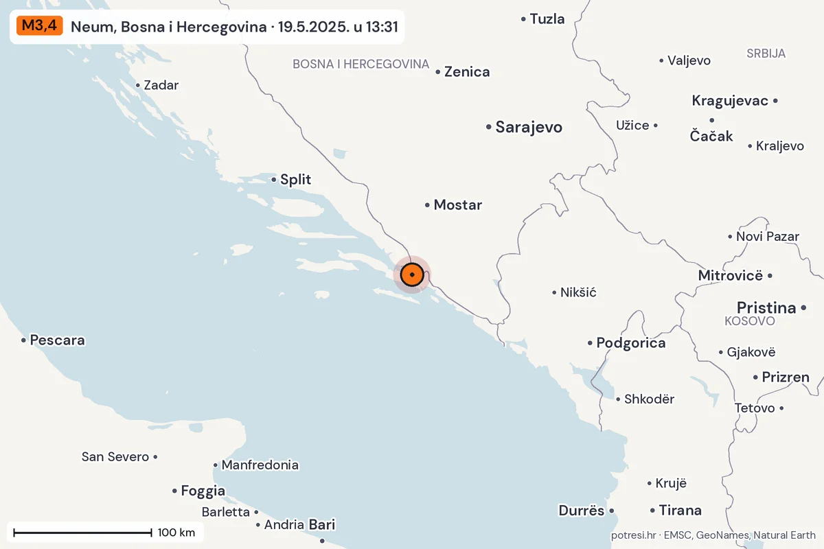 Karta: šire područje, 600 km, potres M3,4, Neum, Bosna i Hercegovina, 19.5.2025.