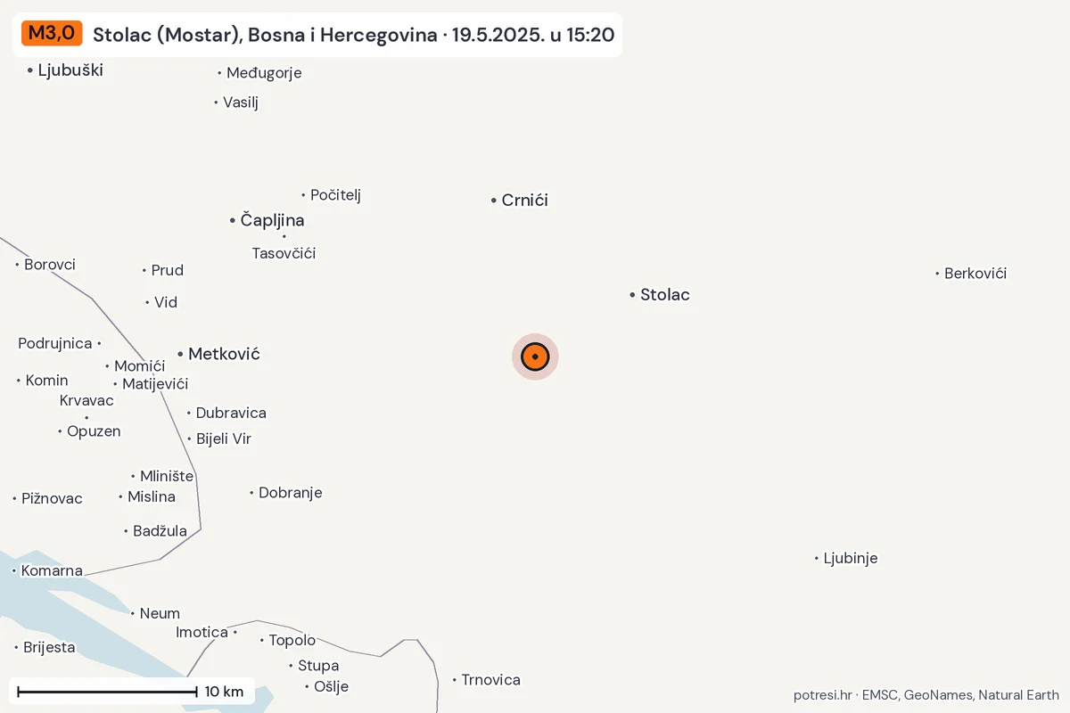 Karta: okolica epicentra, 60 km, potres M3,0, Stolac (Mostar), Bosna i Hercegovina, 19.5.2025.