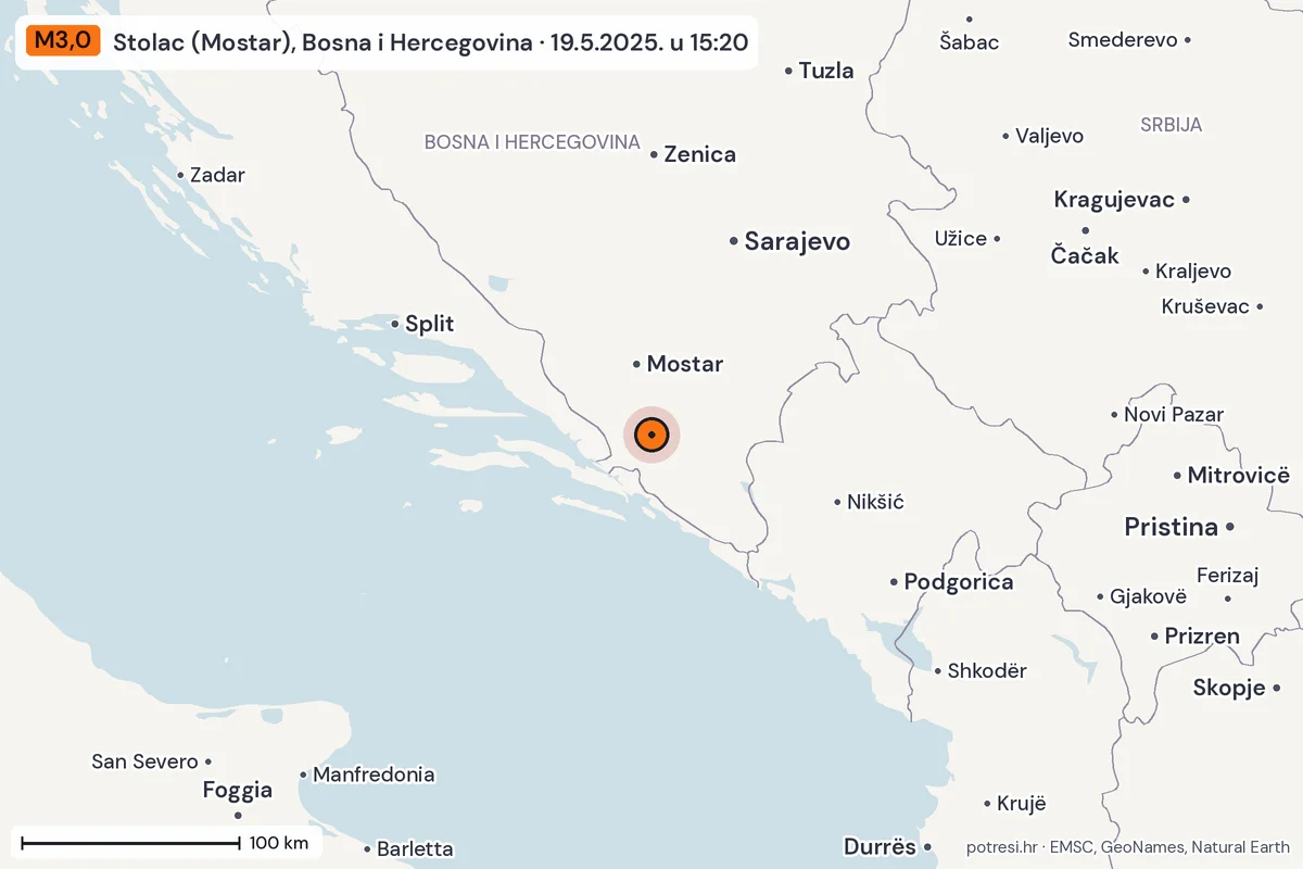 Karta: šire područje, 600 km, potres M3,0, Stolac (Mostar), Bosna i Hercegovina, 19.5.2025.