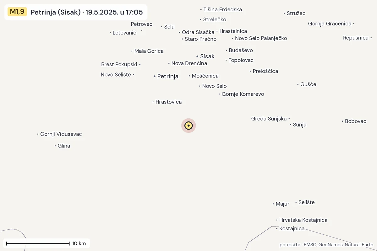 Karta: okolica epicentra, 60 km, potres M1,9, Petrinja (Sisak), 19.5.2025.