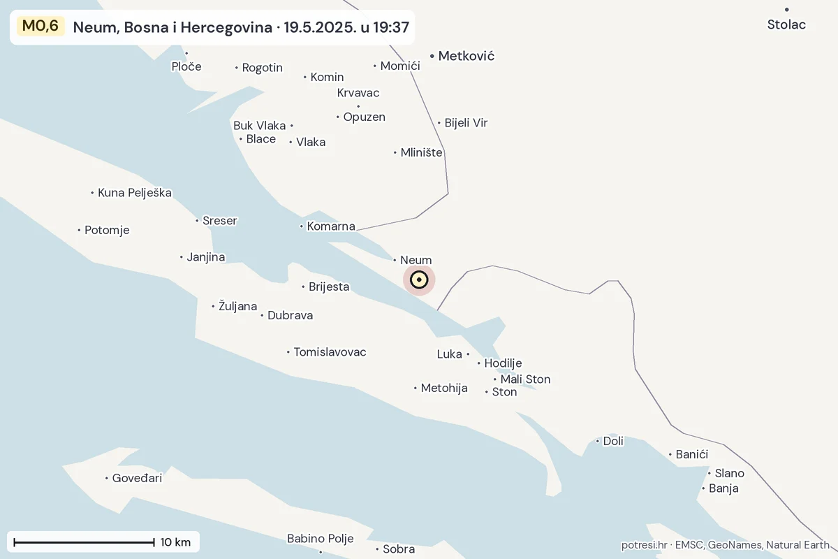 Karta: okolica epicentra, 60 km, potres M0,6, Neum, Bosna i Hercegovina, 19.5.2025.