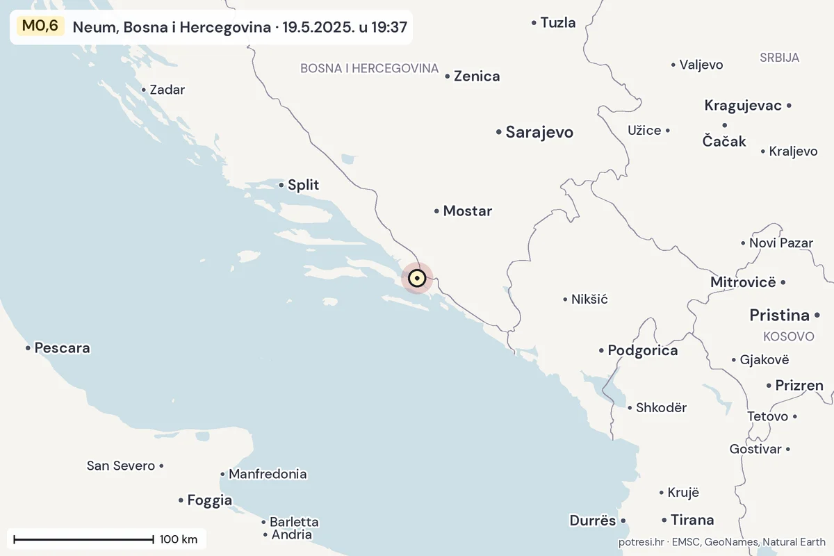 Karta: šire područje, 600 km, potres M0,6, Neum, Bosna i Hercegovina, 19.5.2025.