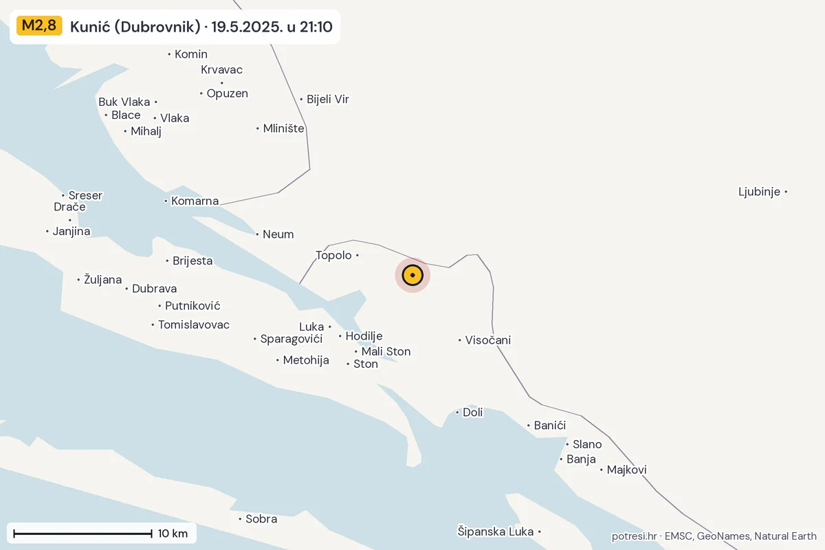 Karta: okolica epicentra, 60 km, potres M2,8, Kunić (Dubrovnik), 19.5.2025.