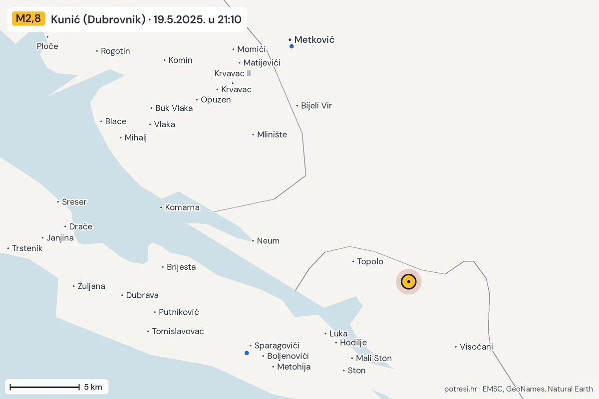 Karta: izvješća građana, potres M2,8, Kunić (Dubrovnik), 19.5.2025.