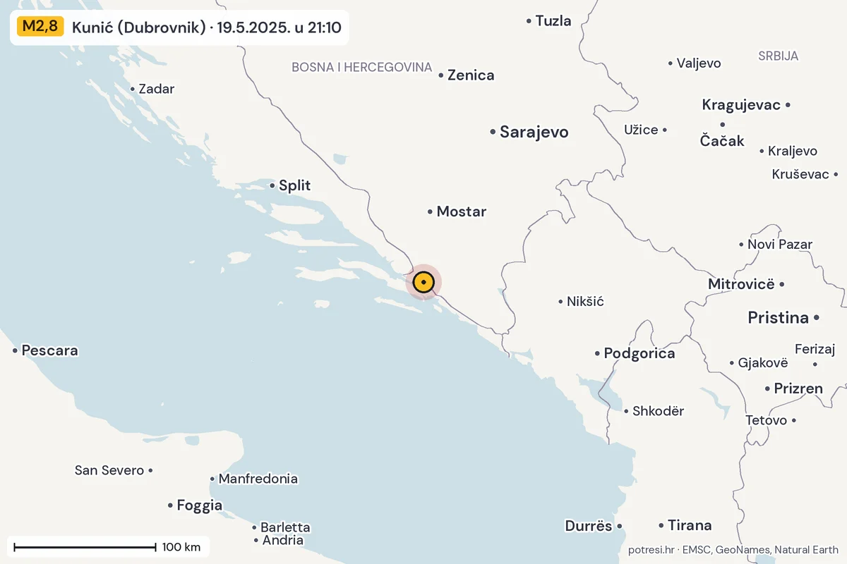 Karta: šire područje, 600 km, potres M2,8, Kunić (Dubrovnik), 19.5.2025.