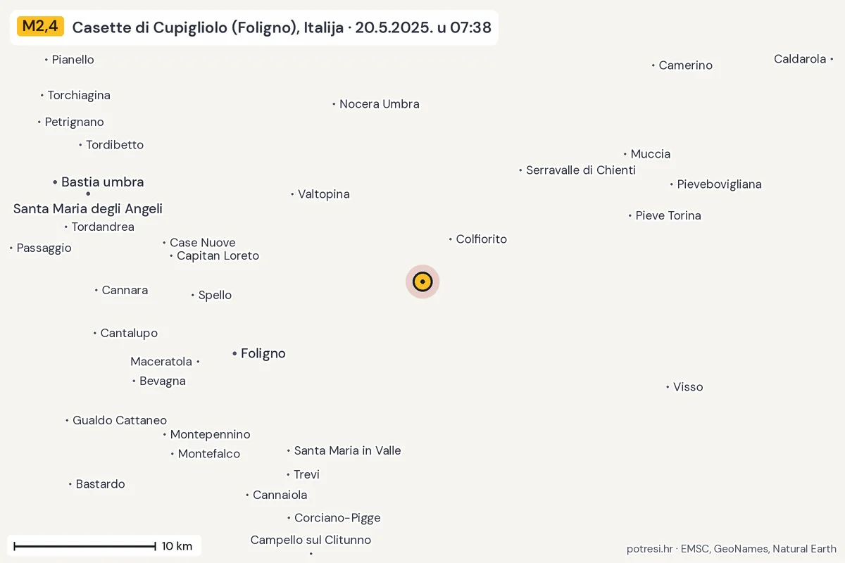 Karta: okolica epicentra, 60 km, potres M2,4, Casette di Cupigliolo (Foligno), Italija, 20.5.2025.
