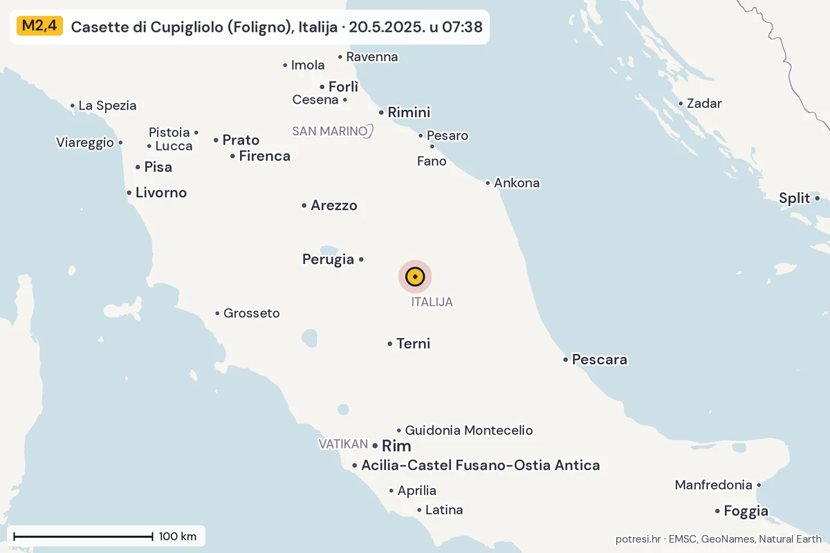 Karta: šire područje, 600 km, potres M2,4, Casette di Cupigliolo (Foligno), Italija, 20.5.2025.