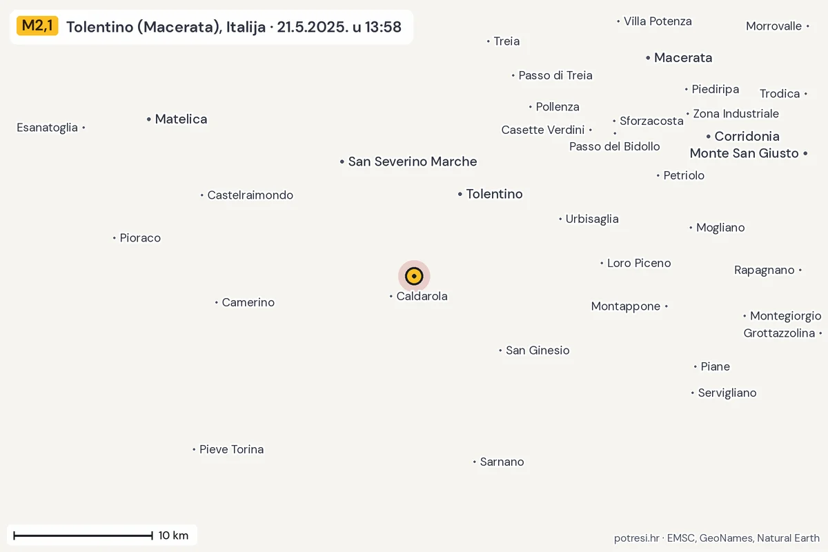 Karta: okolica epicentra, 60 km, potres M2,1, Tolentino (Macerata), Italija, 21.5.2025.
