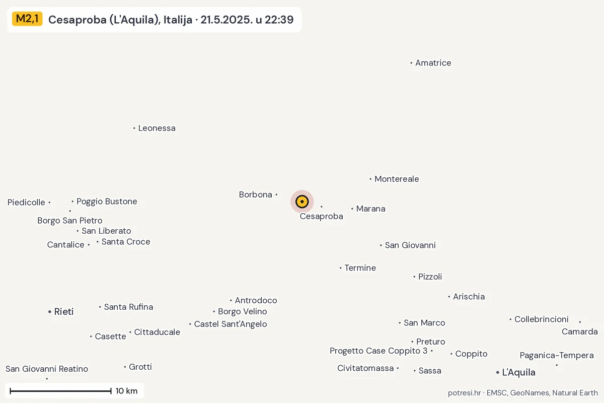 Karta: okolica epicentra, 60 km, potres M2,1, Cesaproba (L'Aquila), Italija, 21.5.2025.