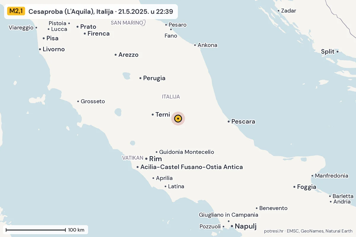 Karta: šire područje, 600 km, potres M2,1, Cesaproba (L'Aquila), Italija, 21.5.2025.