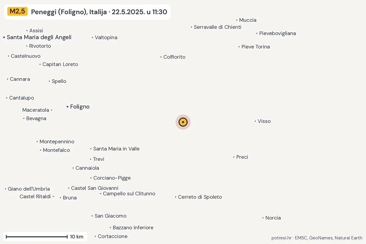 Karta: okolica epicentra, 60 km, potres M2,5, Peneggi (Foligno), Italija, 22.5.2025.
