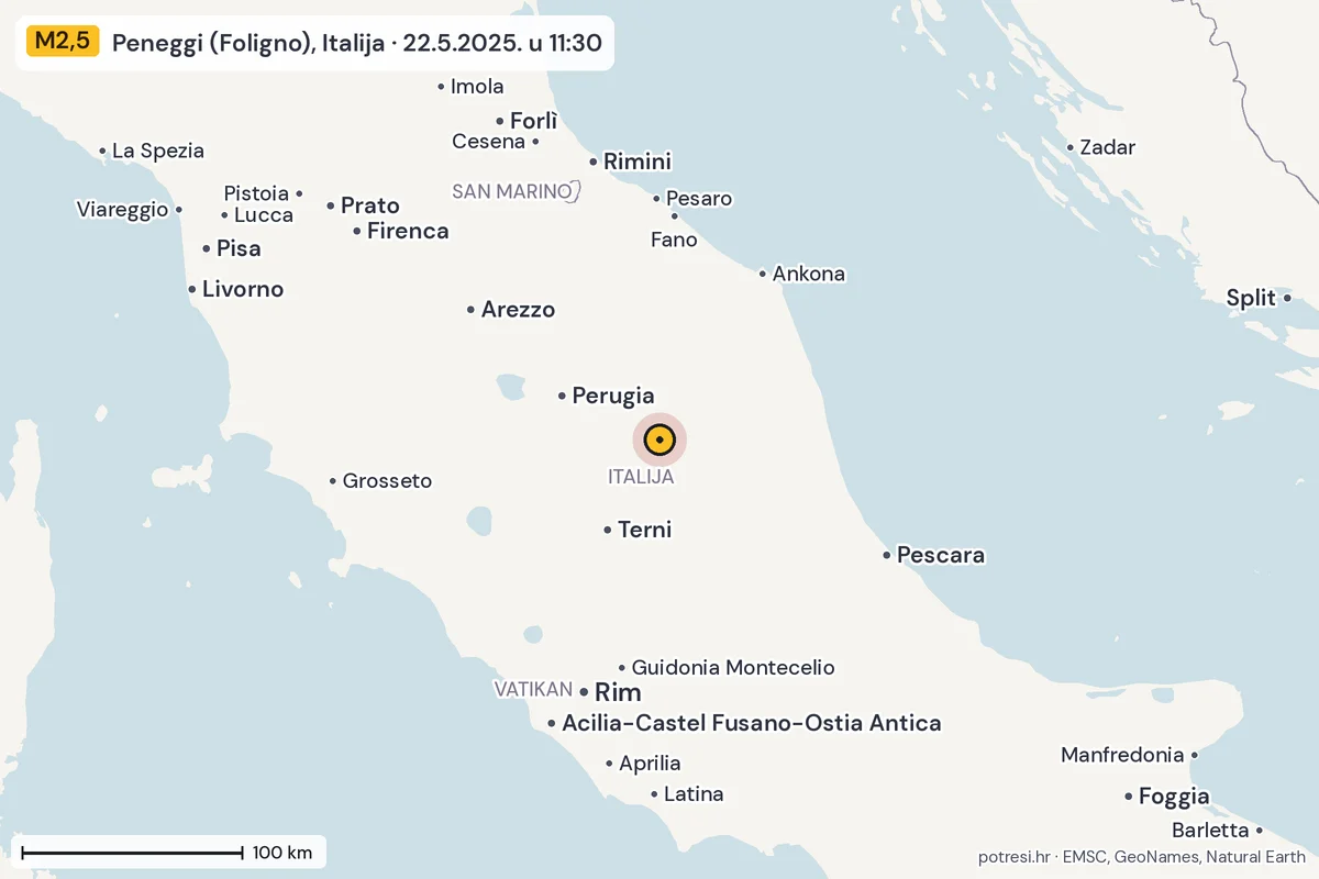 Karta: šire područje, 600 km, potres M2,5, Peneggi (Foligno), Italija, 22.5.2025.
