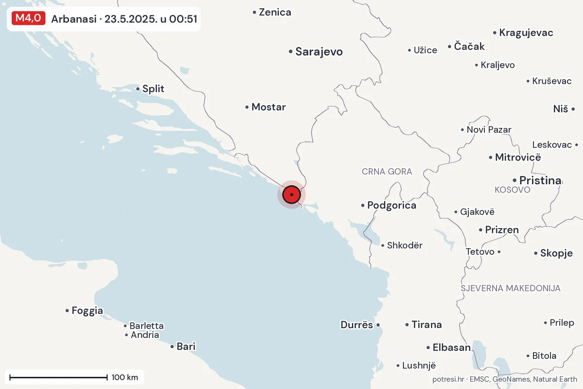 Karta: šire područje, 600 km, potres M4,0, Arbanasi, 23.5.2025.