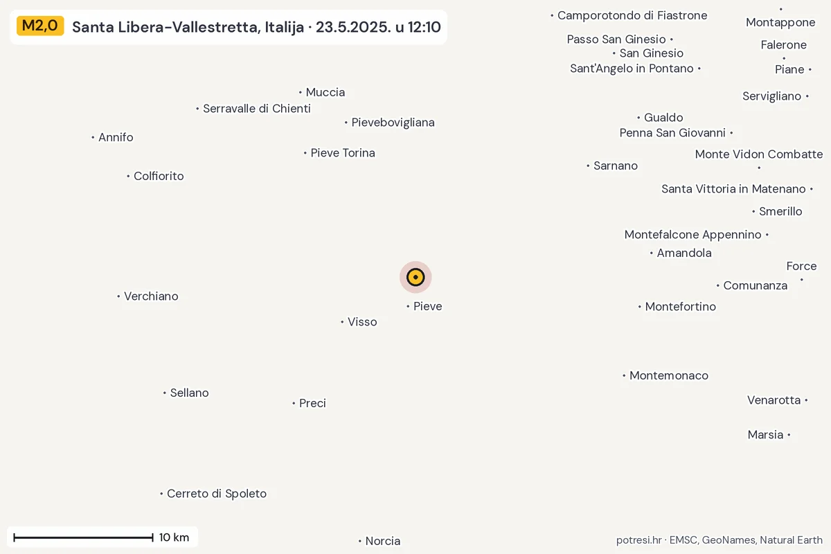 Karta: okolica epicentra, 60 km, potres M2,0, Santa Libera-Vallestretta, Italija, 23.5.2025.