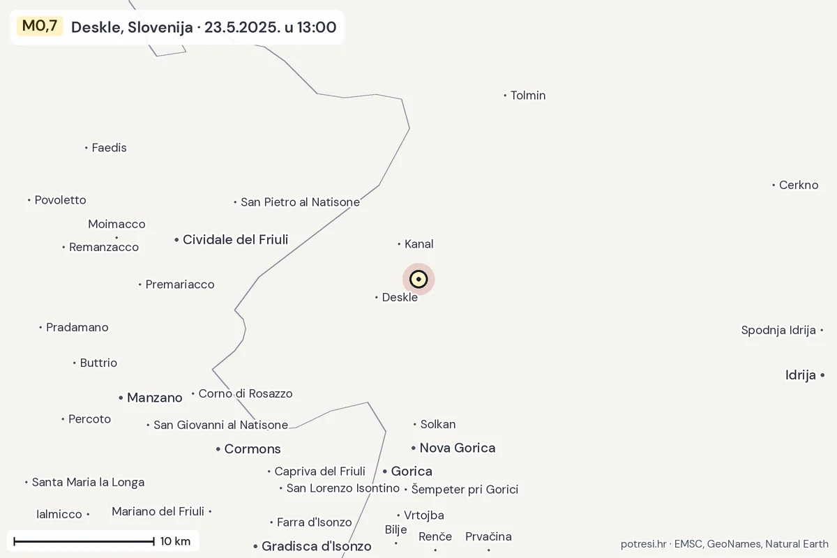 Karta: okolica epicentra, 60 km, potres M0,7, Deskle, Slovenija, 23.5.2025.