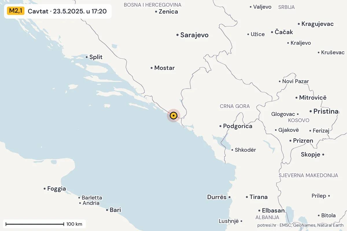 Karta: šire područje, 600 km, potres M2,1, Cavtat, 23.5.2025.