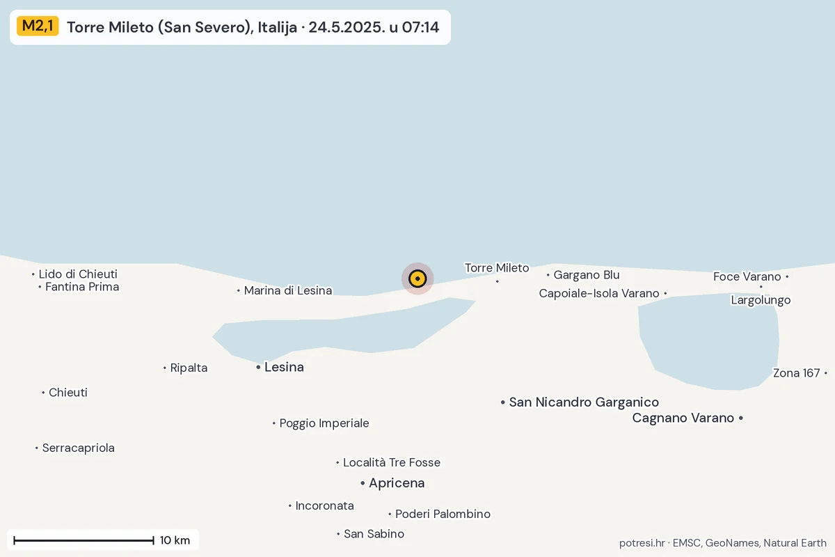 Karta: okolica epicentra, 60 km, potres M2,1, Torre Mileto (San Severo), Italija, 24.5.2025.