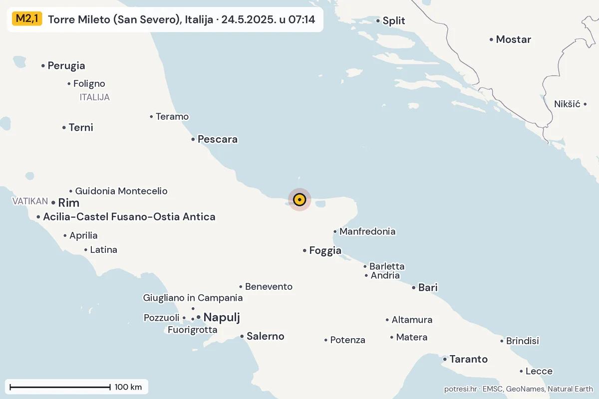 Karta: šire područje, 600 km, potres M2,1, Torre Mileto (San Severo), Italija, 24.5.2025.