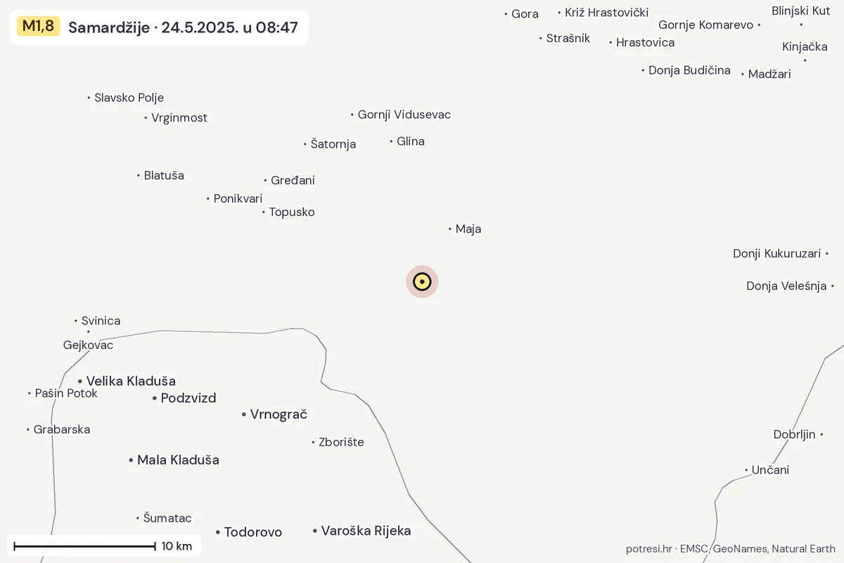 Karta: okolica epicentra, 60 km, potres M1,8, Samardžije, 24.5.2025.