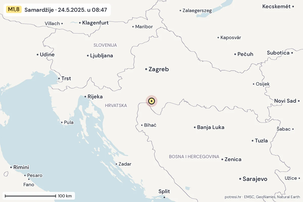 Karta: šire područje, 600 km, potres M1,8, Samardžije, 24.5.2025.