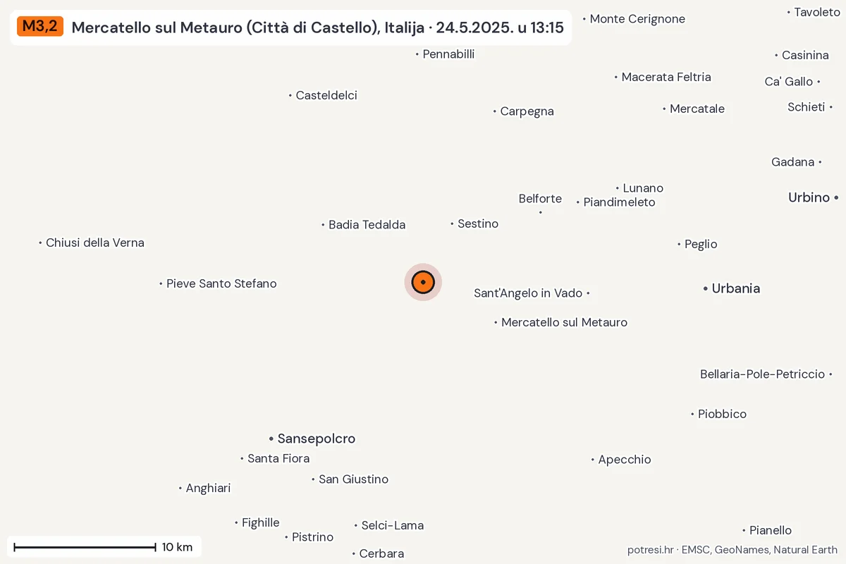 Karta: okolica epicentra, 60 km, potres M3,2, Mercatello sul Metauro (Città di Castello), Italija, 24.5.2025.