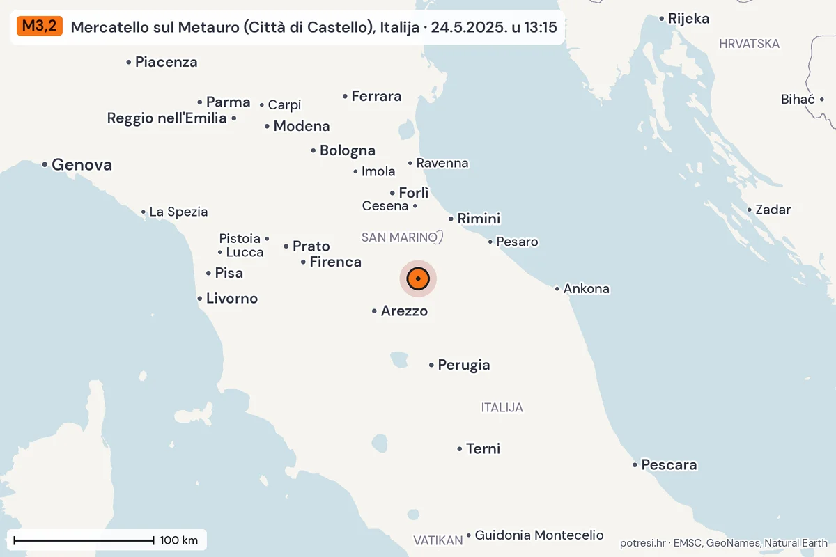 Karta: šire područje, 600 km, potres M3,2, Mercatello sul Metauro (Città di Castello), Italija, 24.5.2025.