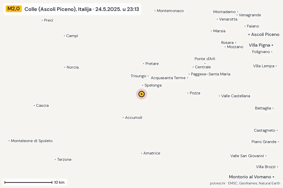 Karta: okolica epicentra, 60 km, potres M2,0, Colle (Ascoli Piceno), Italija, 24.5.2025.