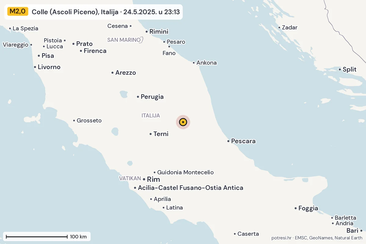 Karta: šire područje, 600 km, potres M2,0, Colle (Ascoli Piceno), Italija, 24.5.2025.