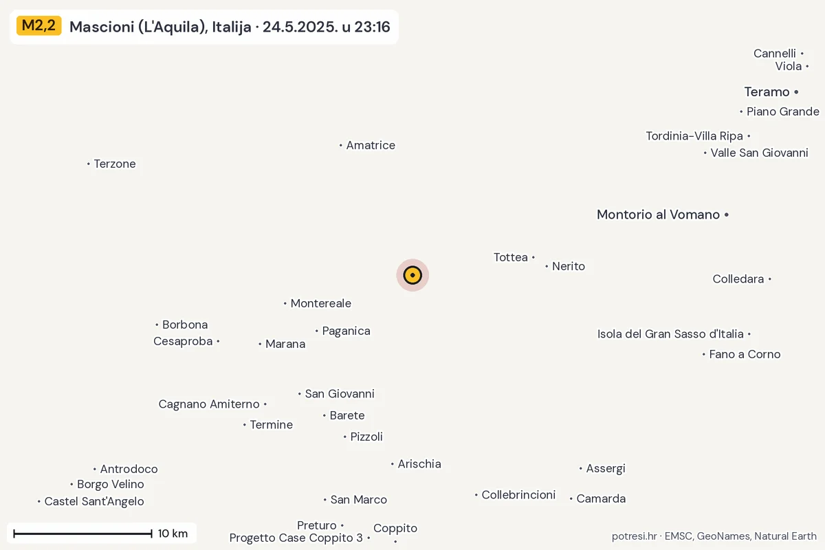 Karta: okolica epicentra, 60 km, potres M2,2, Mascioni (L'Aquila), Italija, 24.5.2025.