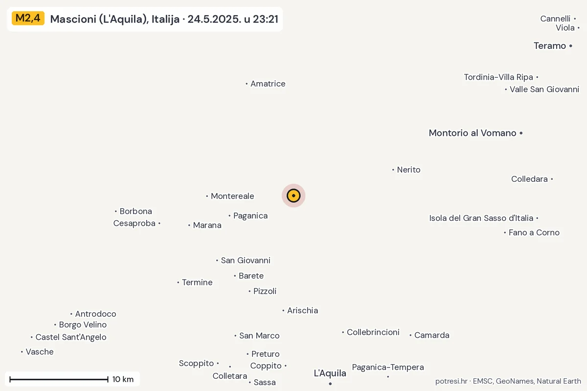 Karta: okolica epicentra, 60 km, potres M2,4, Mascioni (L'Aquila), Italija, 24.5.2025.
